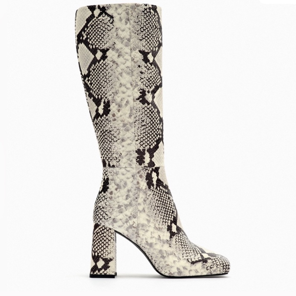 Zara Black and White Snakeskin Heeled Boots